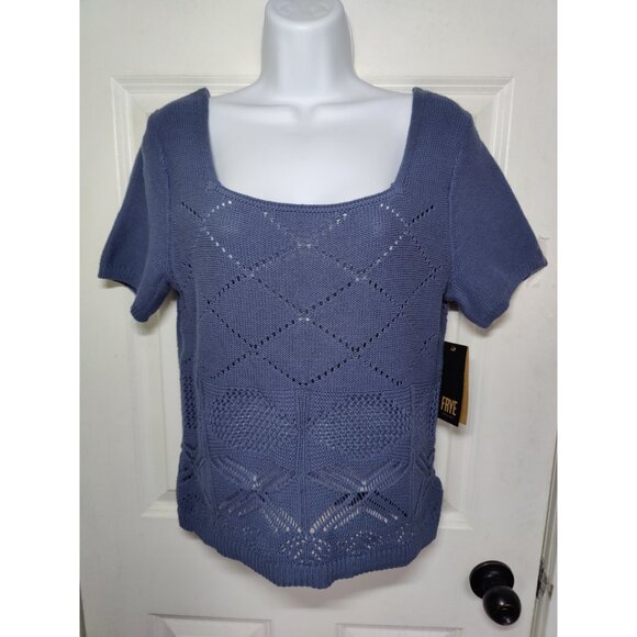 Frye Pointelle Knit Scoop Neck Short Sleeve Pullover Blue Gray Sweater L NWT - Picture 2 of 7